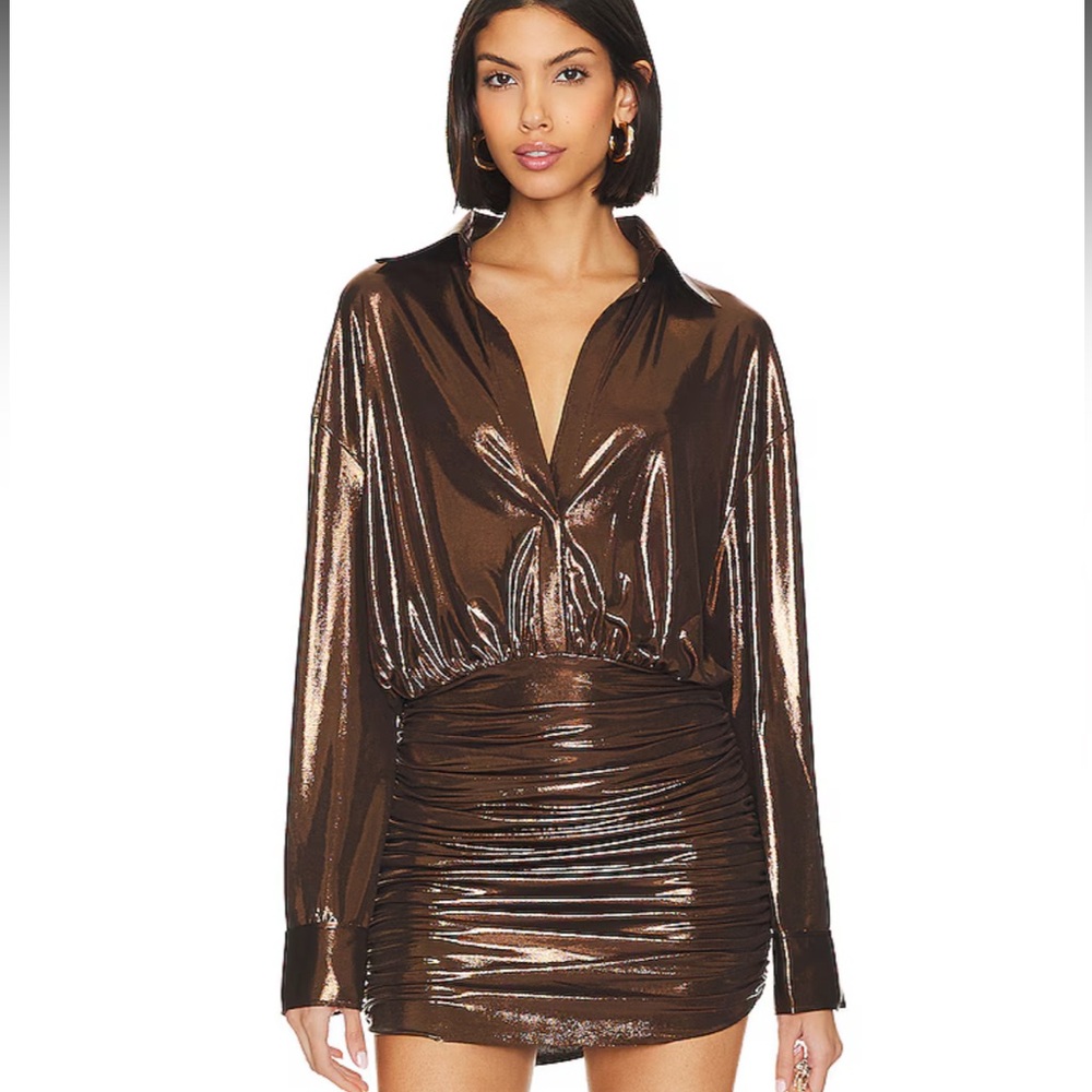 Norma Kamali Oversized BF Shirt Shirred Bottom Mini Dress